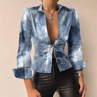 Silvia | Blouse à manches longues en patchwork imprimé en cuir PU à décolleté en V