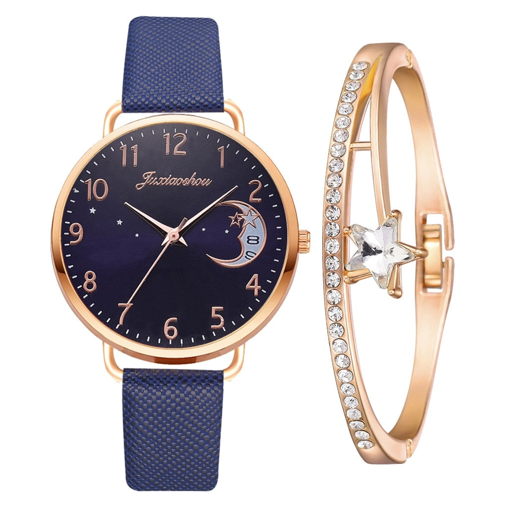 Montre avec Cadran à Chiffres Lunaires et Ensemble de Bracelets