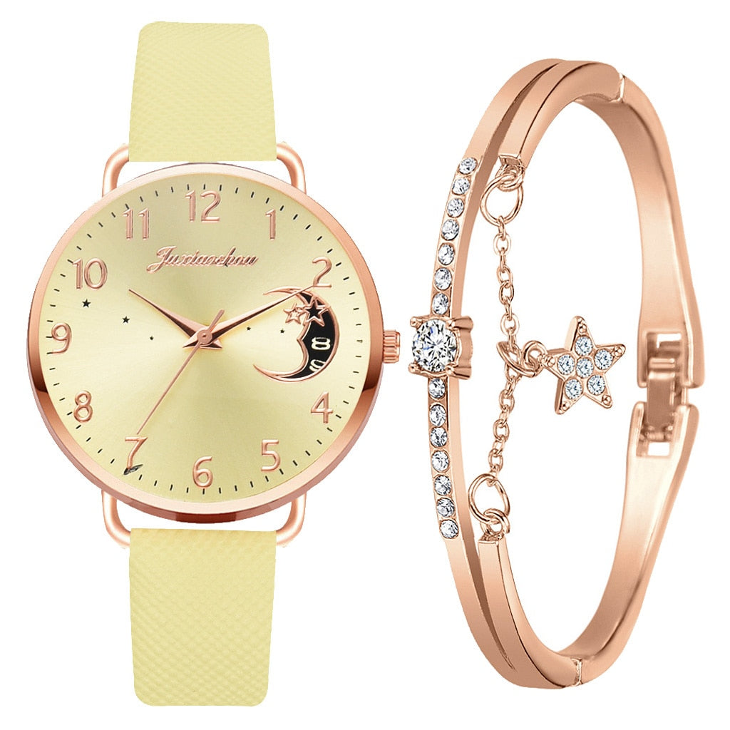 Montre avec Cadran à Chiffres Lunaires et Ensemble de Bracelets