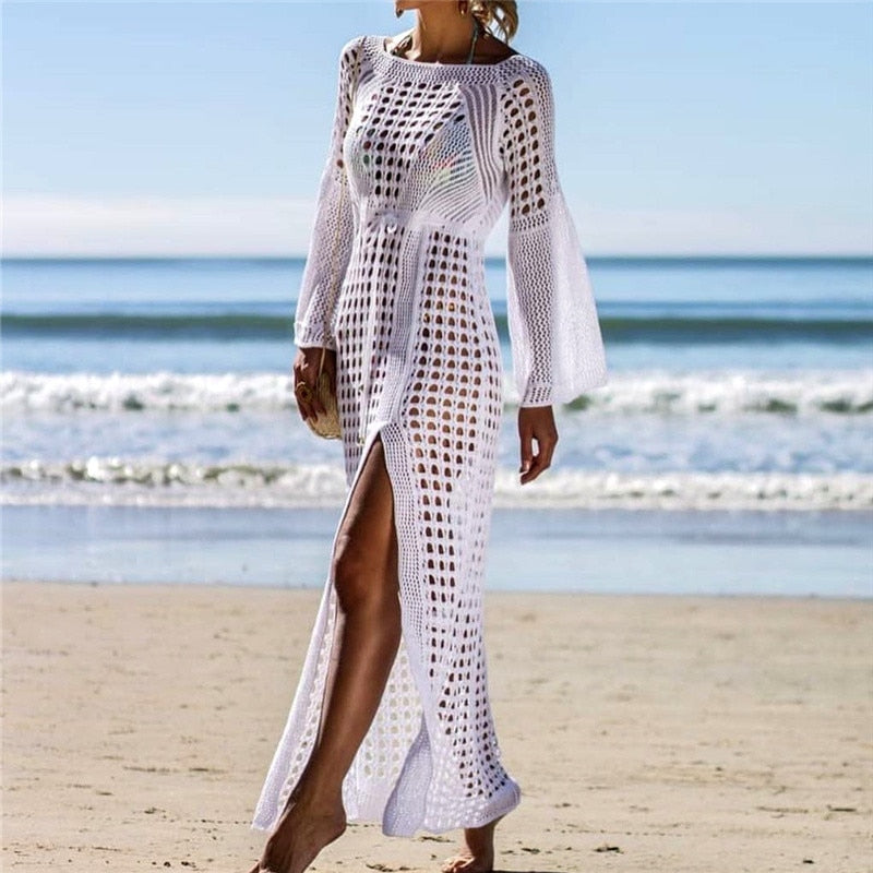 Robe de plage femme – Maille fine ajourée – Coupe fluide – Fente haute – Longue manches