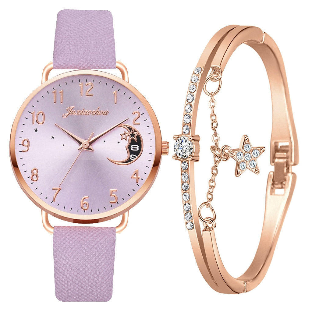 Montre avec Cadran à Chiffres Lunaires et Ensemble de Bracelets