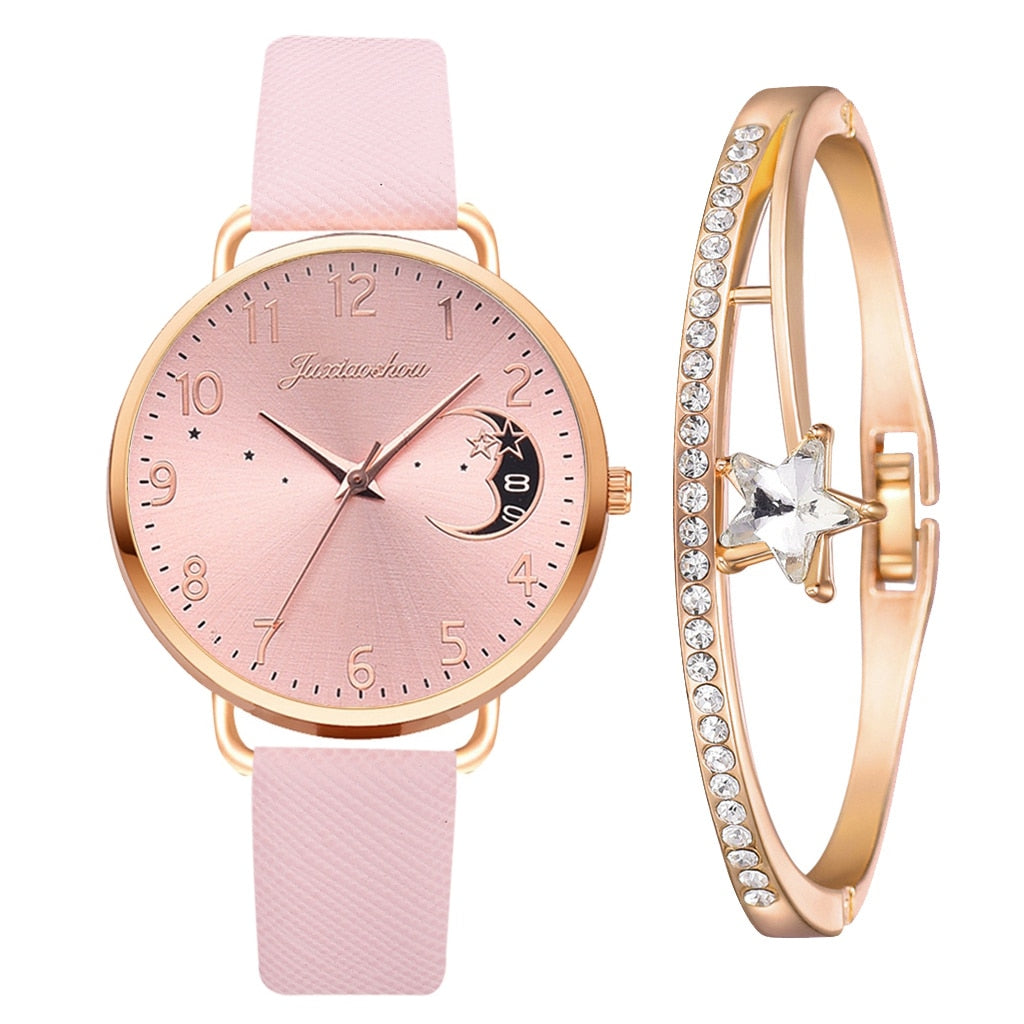 Montre avec Cadran à Chiffres Lunaires et Ensemble de Bracelets
