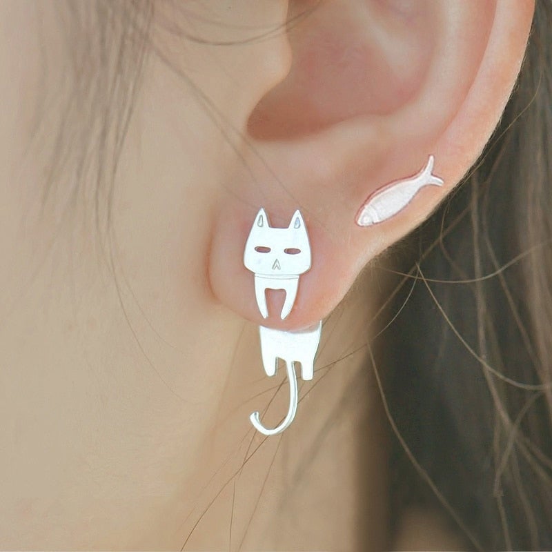 Boucles d'oreilles en argent avec poisson et chat grimpeur