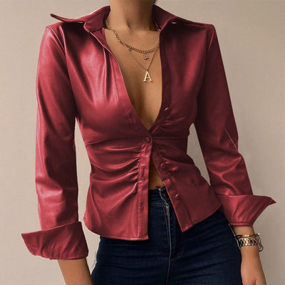Silvia | Blouse à manches longues en patchwork imprimé en cuir PU à décolleté en V