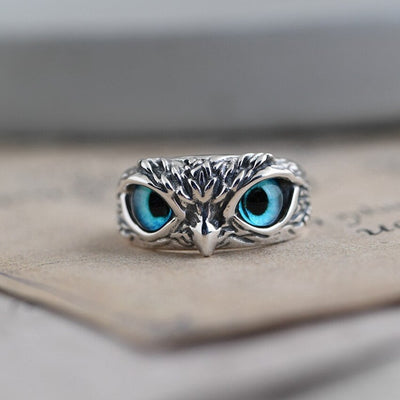 Bague Ajustable Chouette Bonne Chance en Argent et Opale
