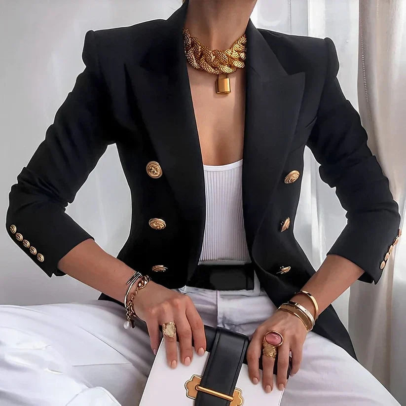 Blazer femme – Coupe cintrée – Double boutonnage – Tissu structuré – Détails dorés