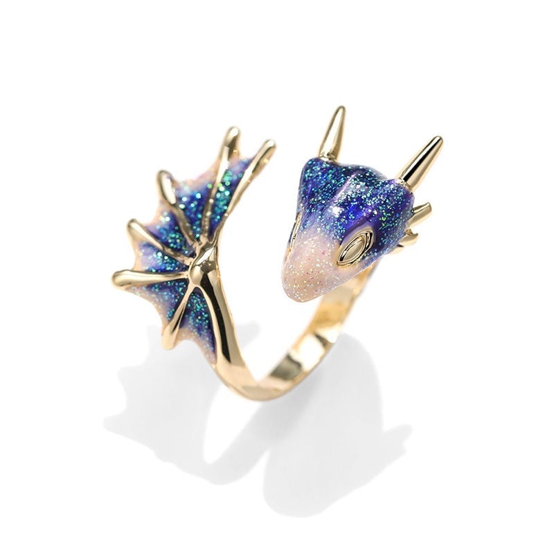 Bague dragon ajustable en argent et émail peint à la main