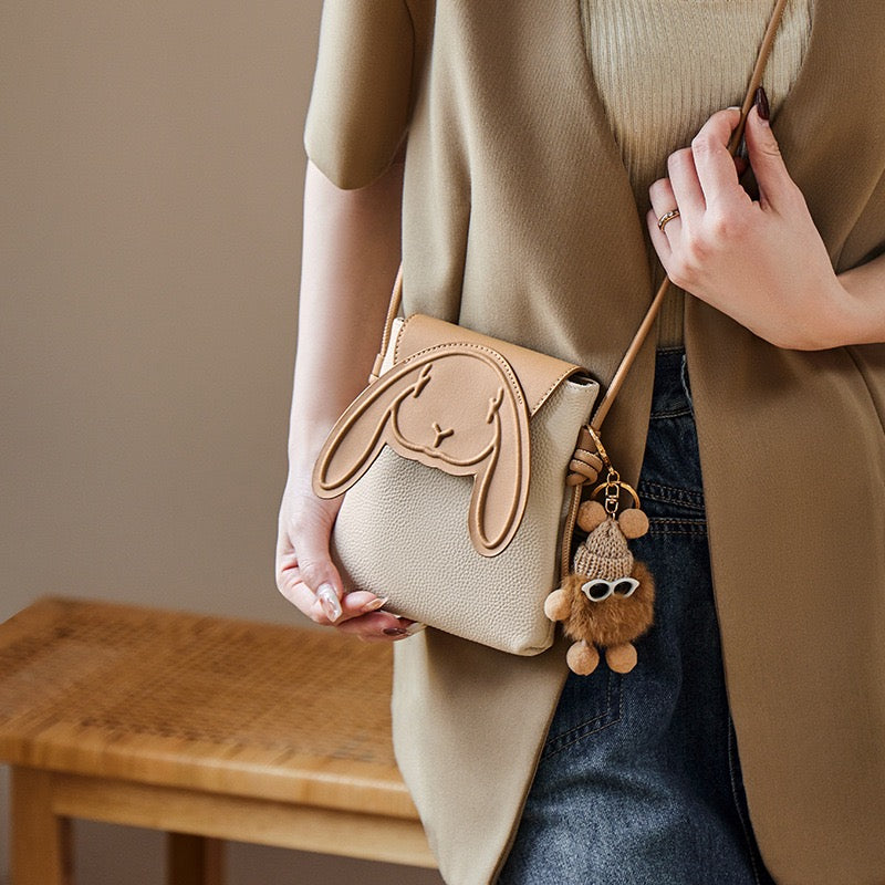 Petit sac à bandoulière en cuir véritable pour téléphone et lapin