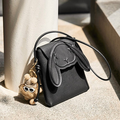 Petit sac à bandoulière en cuir véritable pour téléphone et lapin