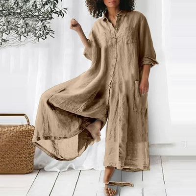 Combinaison femme – Coupe oversize – Tissu respirant – Longue – Boutonnée avec poches