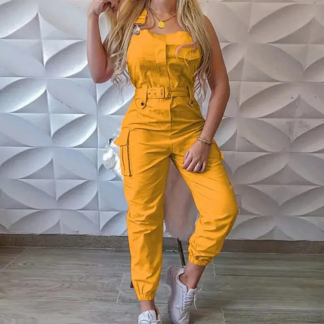 Combinaison Cargo Femme – Sans Manches – Coupe Cintrée – Taille Ceinturée – Jambes Fuselées