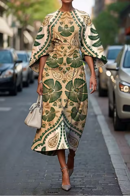 Robe midi femme – Coupe évasée – Tissu satiné élégant – Motif géométrique – Manches coudes