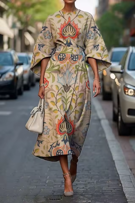 Robe midi femme – Coupe évasée – Tissu satiné élégant – Motif géométrique – Manches coudes