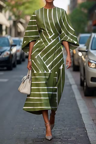 Robe midi femme – Coupe évasée – Tissu satiné élégant – Motif géométrique – Manches coudes