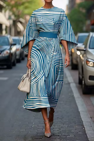 Robe midi femme – Coupe évasée – Tissu satiné élégant – Motif géométrique – Manches coudes