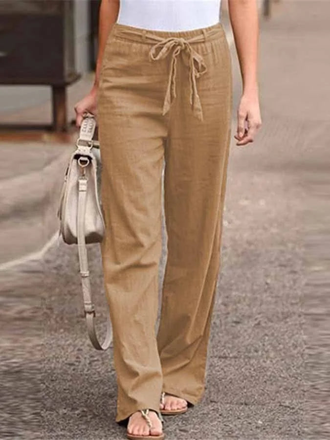 Pantalon large femme – Taille haute – Fibres naturelles – Ceinture nouée – Longueur totale