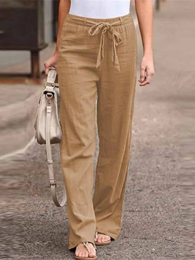 Pantalon large femme – Taille haute – Fibres naturelles – Ceinture nouée – Longueur totale