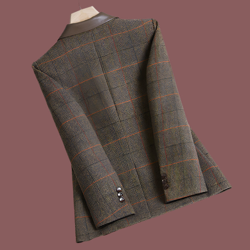 Blazer femme – Coupe ajustée – Motif à carreaux – Col à revers – Bouton unique