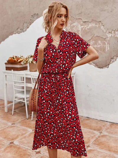 Robe midi femme – Coupe fluide – Tissu respirant – Taille ceinturée – Boutonnée