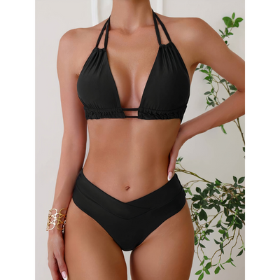 Bikini femme – Haut dos nu ajustable – Bas taille haute découpe en V – Tissu respirant