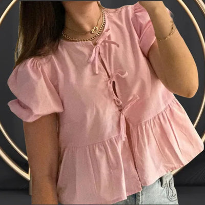 Rose | Blouse tendance avec motif léopard et manches bouffantes