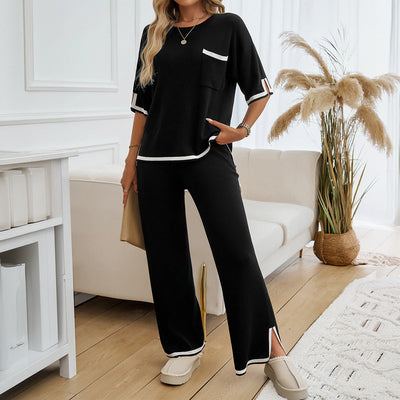 Ensemble Lounge Femme – Maille Douce – Coupe Ample – Pantalon Jambe Large – Finitions Contrastées