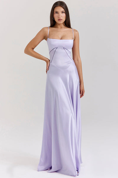 Robe de soirée femme – Coupe évasée longue – Bretelles fines – Taille ajourée