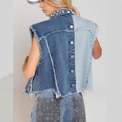 Veste en jean femme – Coupe courte – Sans manches – Effet usé – Clous décoratifs