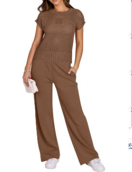 Ensemble Femme – Haut Maille Aérée Manches Courtes – Pantalon Large Fluide