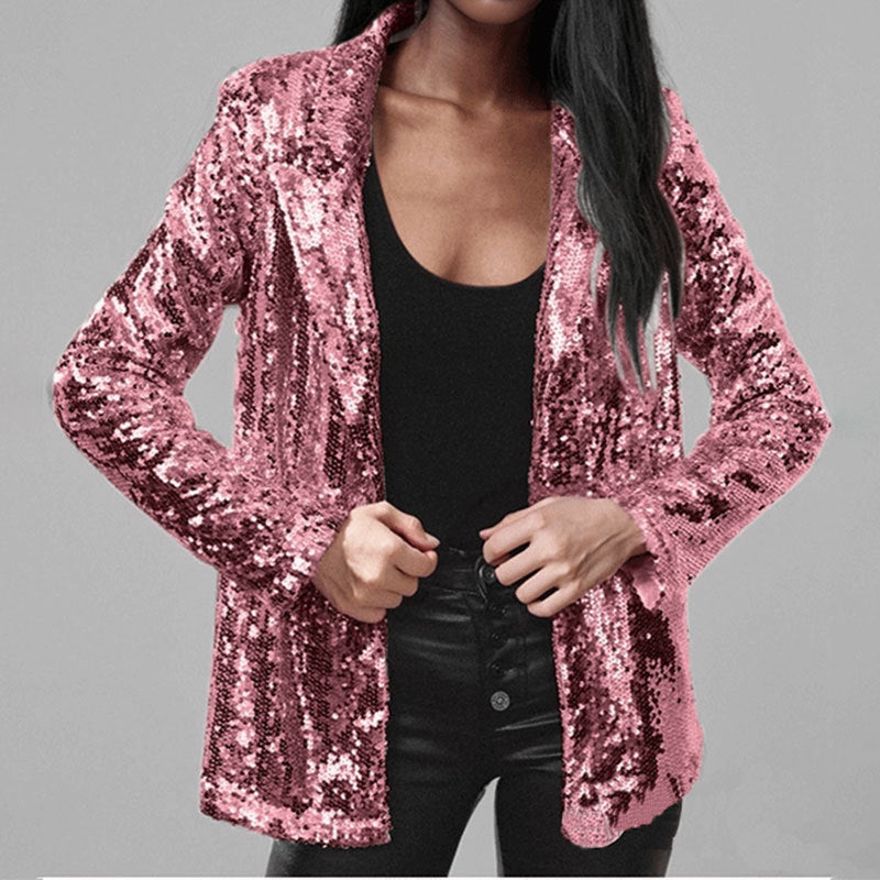 Blazer femme – Coupe structurée – Tissu scintillant à sequins – Manches longues – Ouvert