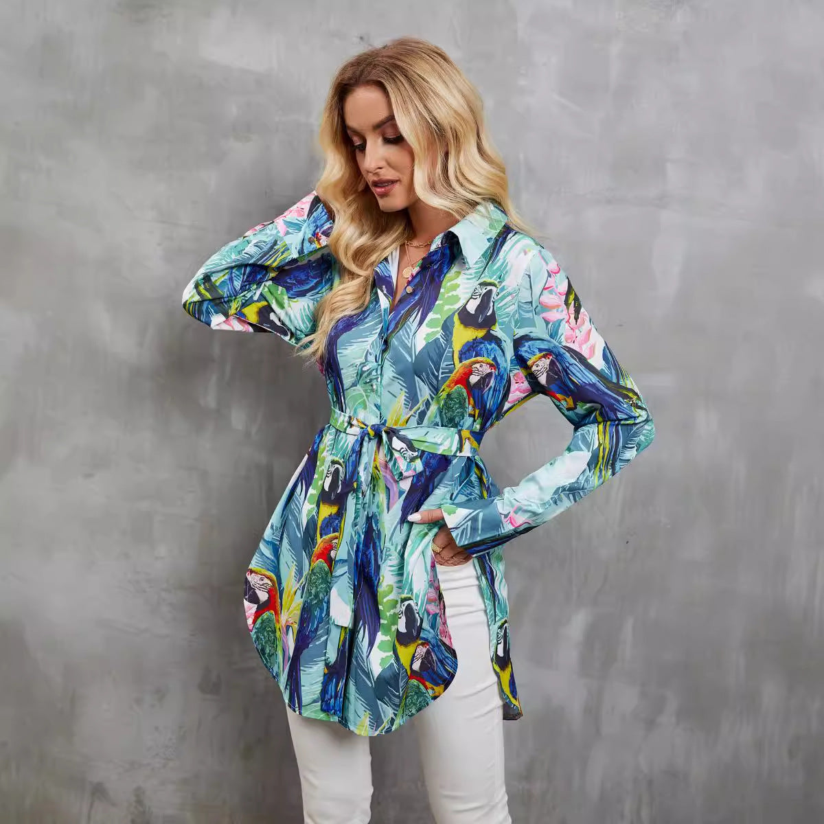 Chemise femme manches longues – Coupe décontractée – Motif tropical – Ceinture taille