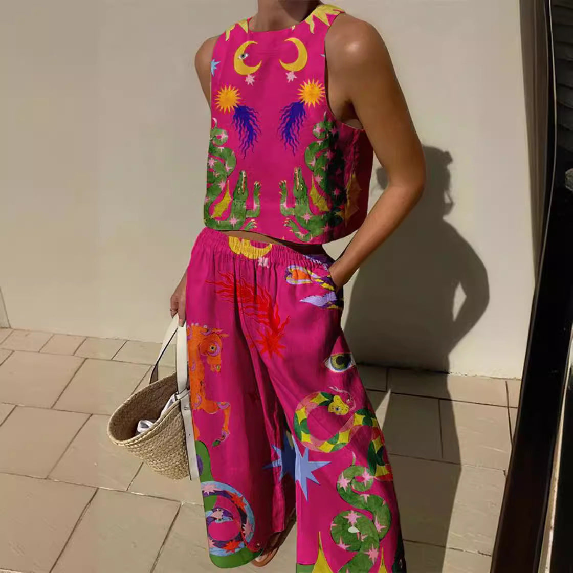 Top court sans manches femme – Coupe décontractée – Motifs imprimés audacieux – Fibres naturelles