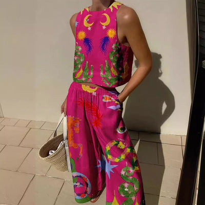 Top court sans manches femme – Coupe décontractée – Motifs imprimés audacieux – Fibres naturelles