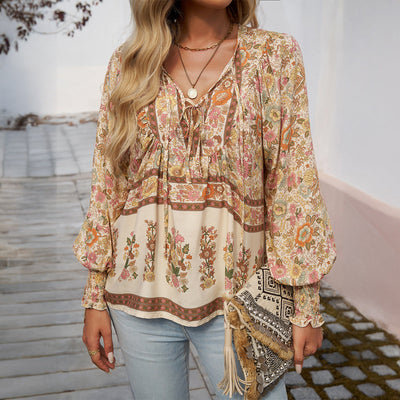Chemisier pour femmes - Coupe décontractée - Col noué - Manches longues - Style boho - Tissu respirant