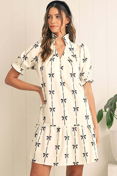 Robe trapèze femme – Manches bouffantes – Fibre naturelle – Motif nœud – Courte