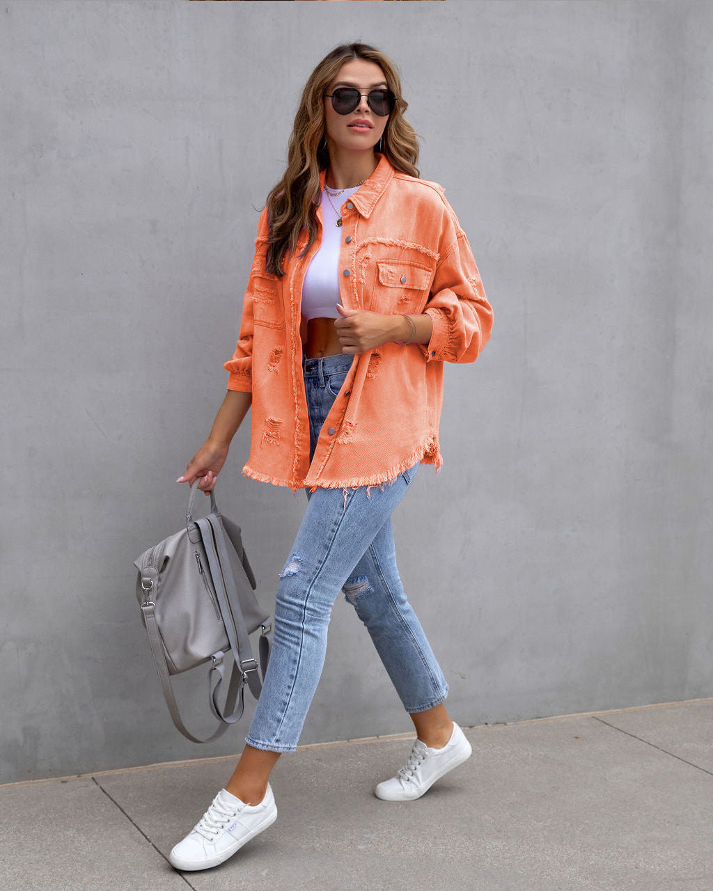 Veste en jean femme – Coupe oversize – Délavage effet usé – Longueur mi-hanches