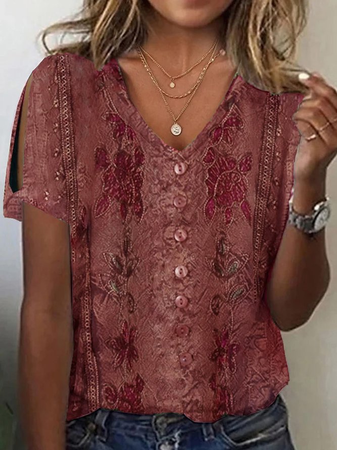 Blouse femme – Coupe ample – Décolleté V – Tissu respirant – Style bohème brodé
