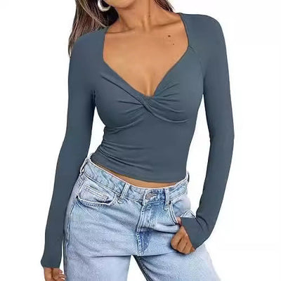Top Femme – Col V – Coupe Slim – Manches Longues – Court à Détail Twist