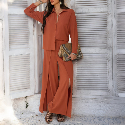 Ensemble Femme – Chemise Coupe Ample à Manches Longues – Pantalon Large Taille Haute