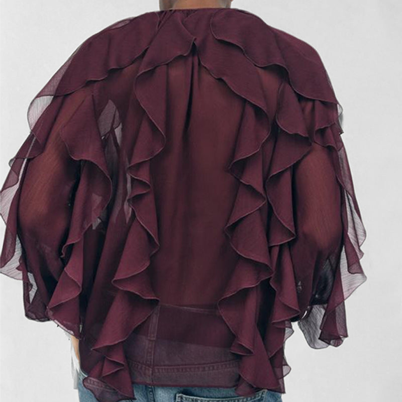 Blouse femme – Coupe ample – Tissu fluide – Col V – Manches longues – Volants élégants