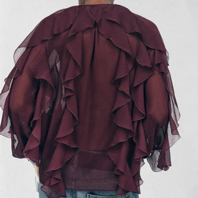 Blouse femme – Coupe ample – Tissu fluide – Col V – Manches longues – Volants élégants