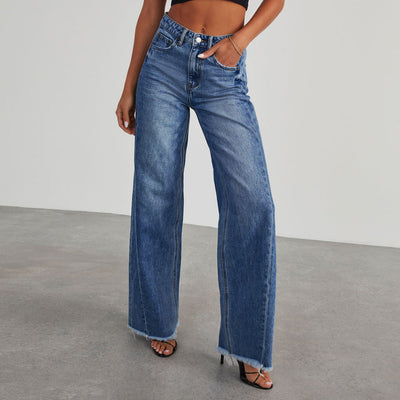 Jean large femme – Taille haute – Coupe ample – Ourlet effiloché – Longueur au sol