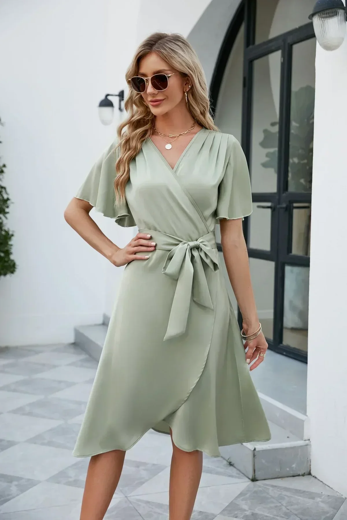 Elegant Wrap Dress Ladies - Robe d'été courte avec col en V et ceinture à nœud