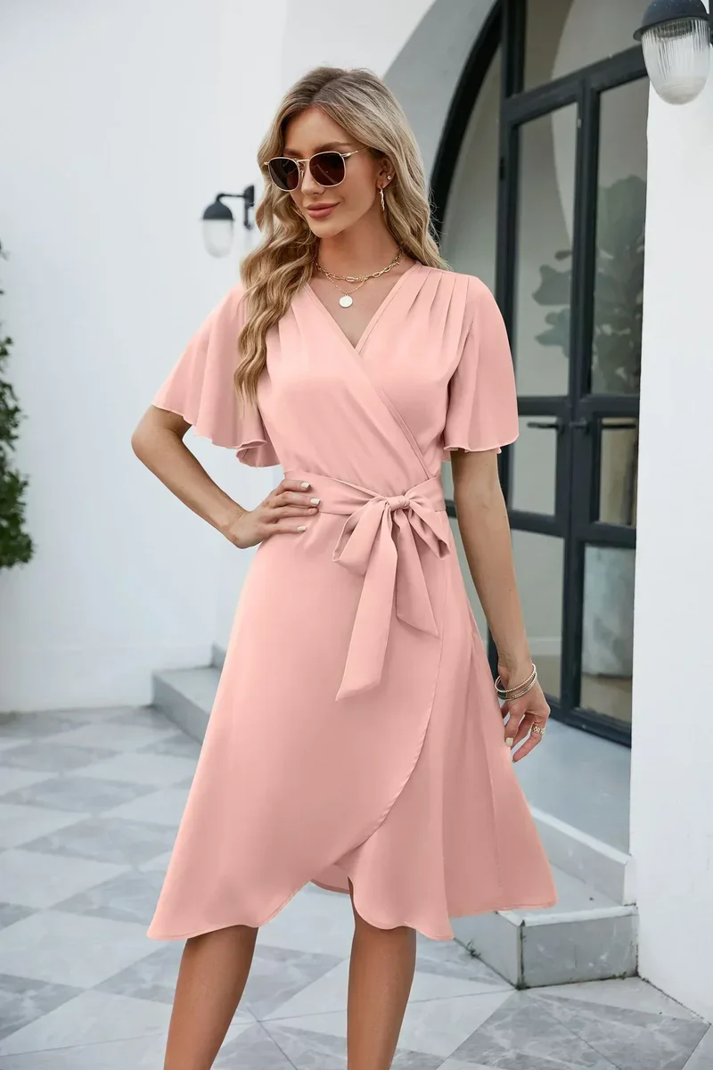 Elegant Wrap Dress Ladies - Robe d'été courte avec col en V et ceinture à nœud