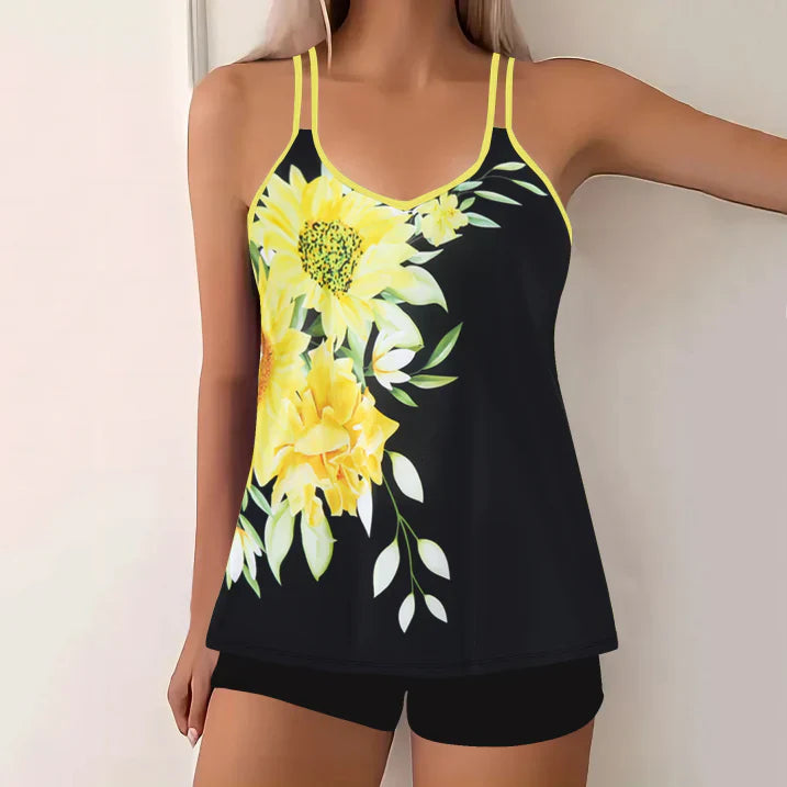 Tankini femme – Ensemble 2 pièces – Décolleté en V – Bretelles fines – Coupe confortable