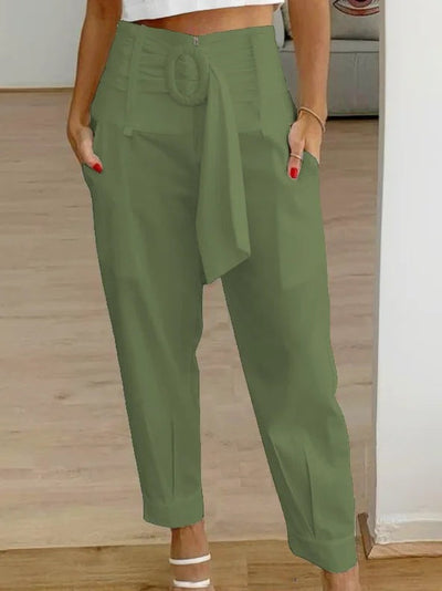 Pantalon femme – Taille haute – Coupe fuselée – Ceinture à boucle – Tissu respirant