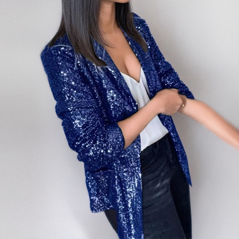 Blazer femme – Coupe structurée – Tissu scintillant à sequins – Manches longues – Ouvert
