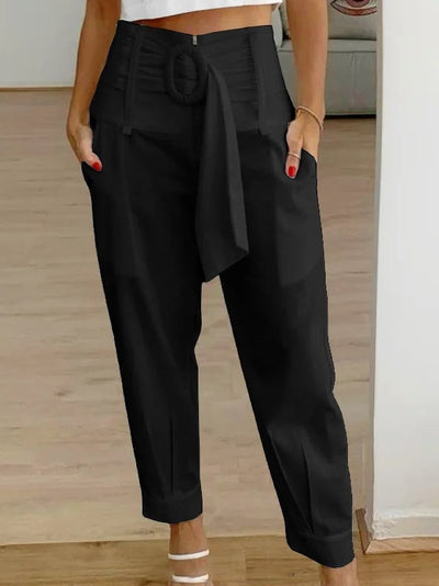 Pantalon femme – Taille haute – Coupe fuselée – Ceinture à boucle – Tissu respirant