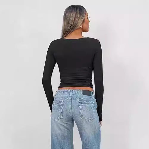 Top Femme – Col V – Coupe Slim – Manches Longues – Court à Détail Twist
