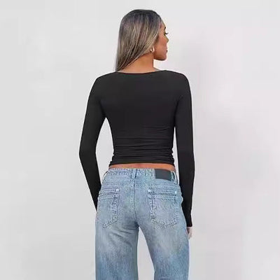 Top Femme – Col V – Coupe Slim – Manches Longues – Court à Détail Twist